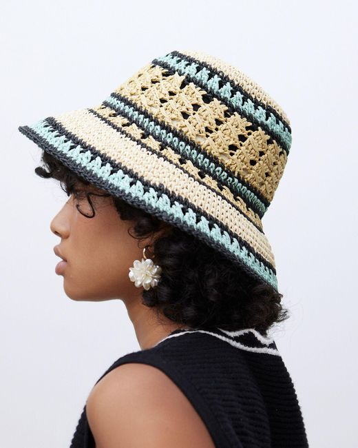 Oliver Bonas Blue Black & Natural Open Stitch Crochet Bucket Hat