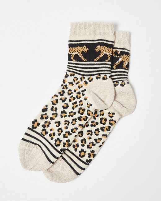 Oliver Bonas Natural Leopard Print Cream Ankle Socks