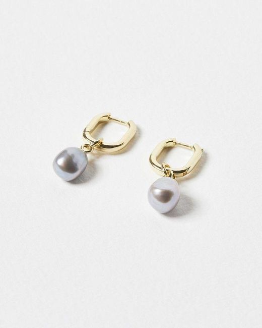 Oliver Bonas White Hama Pearl Drop Gold Plated Huggie Earrings