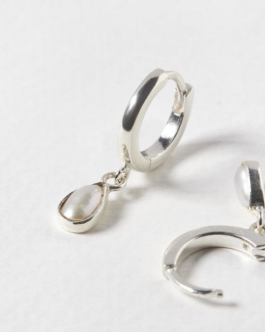 Oliver Bonas White Auden Tiny Teardrop Freshwater Pearl & Silver Huggie Earrings