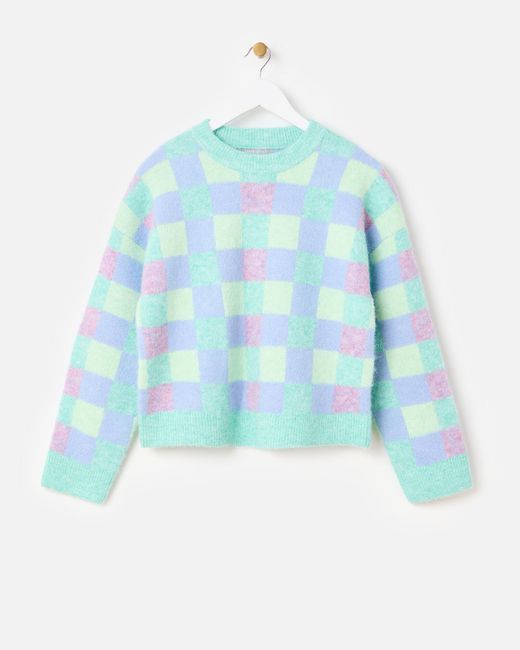 Oliver Bonas Blue Checked Crew Neck Knitted Jumper, Size 6