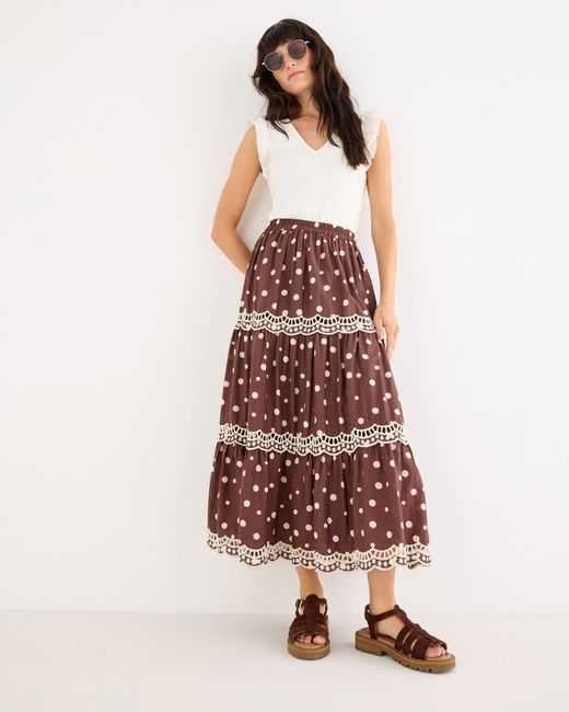 Oliver Bonas Red Chocolate Polka Dot Scalloped Cutwork Midi Skirt, Size 10