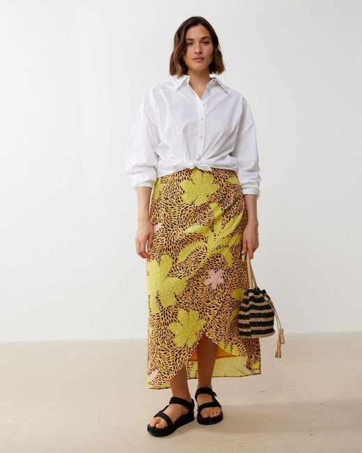 Oliver Bonas White Palm Print Midi Skirt, Size 6