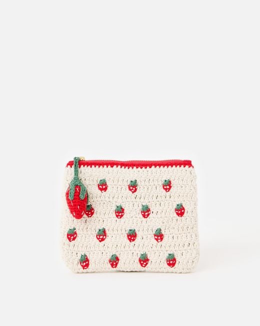 Oliver Bonas White Cream Strawberry Crochet Zipped Pouch