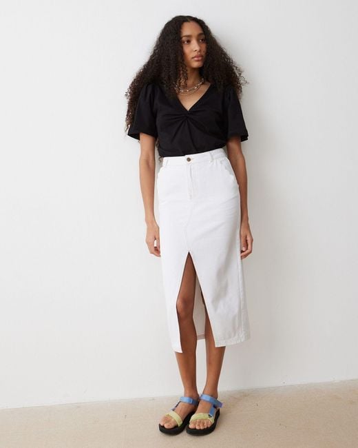 Oliver Bonas White Ecru Contrast Stitch Midi Skirt, Size 6