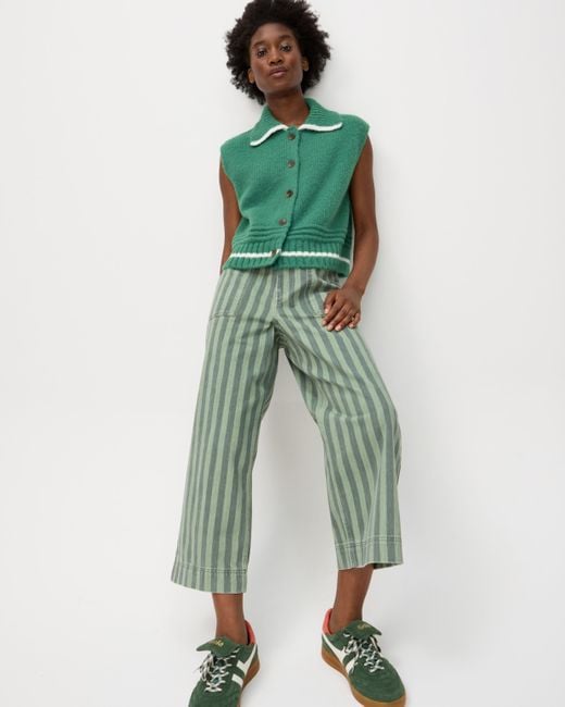 Oliver Bonas Green Striped Scalloped Pocket Cropped Wide Leg Jeans, Size 16