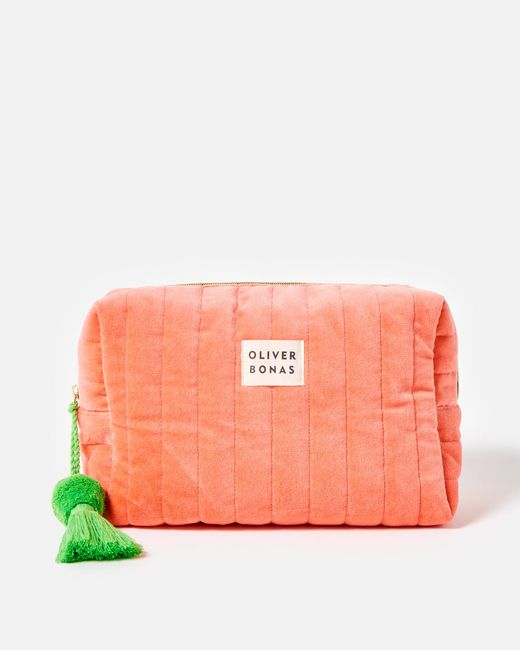 Oliver Bonas Orange Quilted Coral Velvet Large Wash Bag