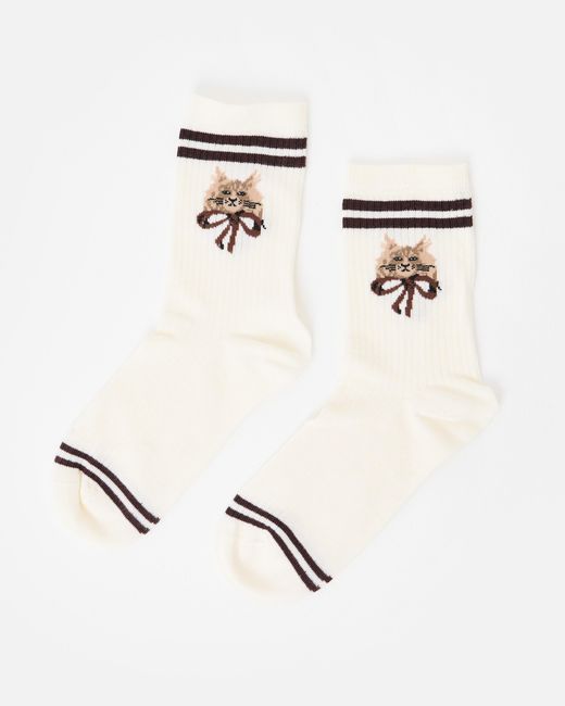 Oliver Bonas White Ecru Cream Cat Ribbed Sporty Ankle Socks