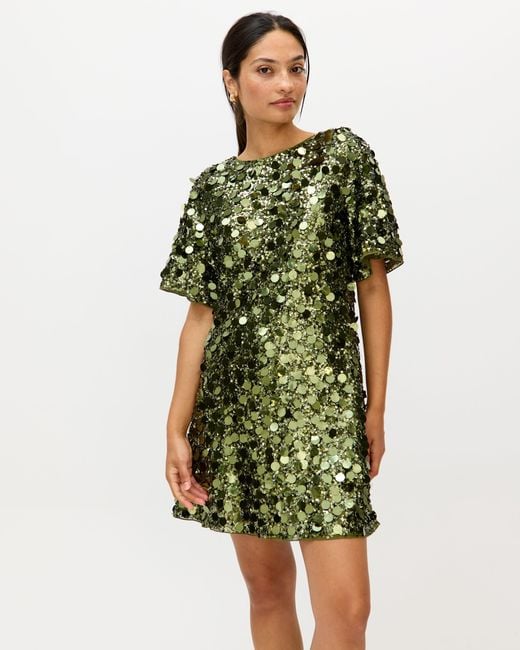 Oliver Bonas Sequin Mini T-shirt Dress, Size 10 in Green | Lyst UK