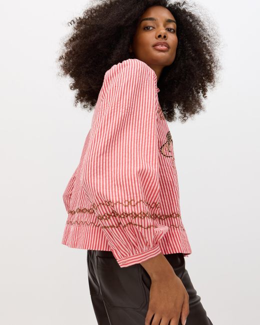 Oliver Bonas Pink Red & Striped Leopard Embroidered Shirt, Size 6