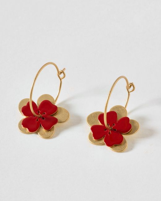 Oliver Bonas Jolie Red & Tone Flower Charm Hoop Earrings