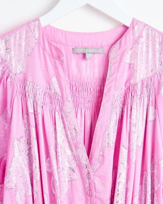 Oliver Bonas Pink Metallic Leaf Midi Dress