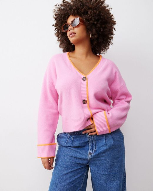 Oliver Bonas Pink Orange Trim Knitted Cardigan, Size 18