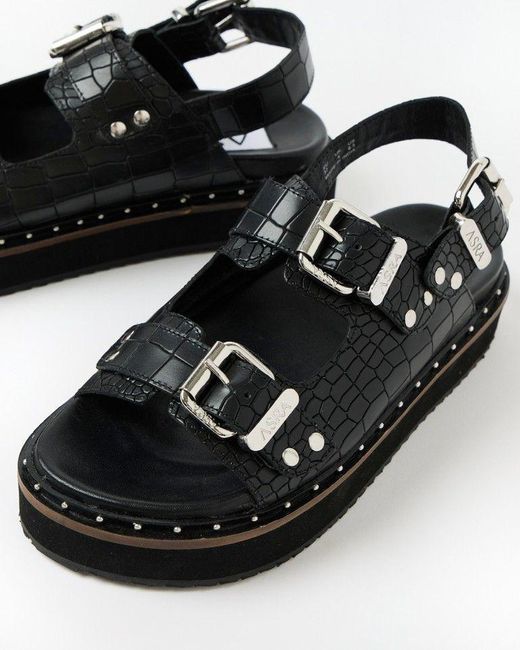 Oliver Bonas Black Asra Sami Croc Leather Double Buckle Sandals
