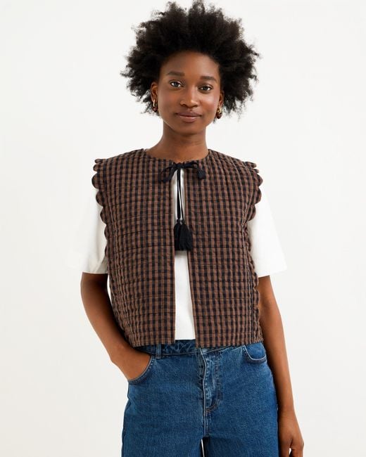 Oliver Bonas Blue Chocolate Gingham Tie Front Quilted Gilet, Size 10