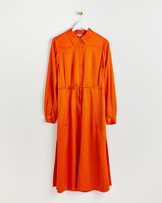 Oliver Bonas Satin Orange Shirt Midi Dress, Size 6
