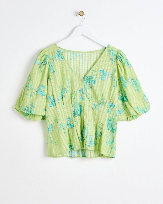 Oliver Bonas Green Checked Floral Blouse