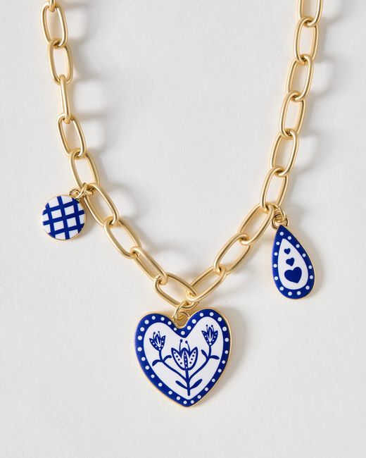 Oliver Bonas Blue Shirley Patterned Heart Charm Necklace