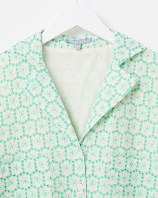Oliver Bonas Green Cream & Floral Broderie Mini Shirt Dress, Size 6