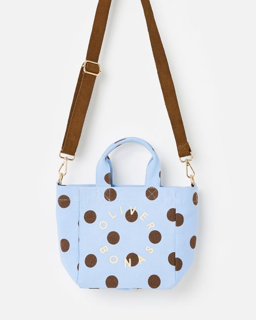 Oliver Bonas White Light & Brown Polka Dot Logo Fabric Mini Tote Crossbody Bag
