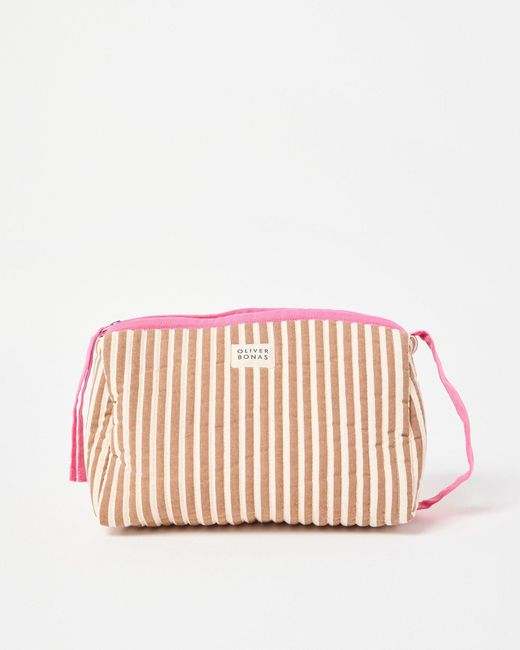 Oliver Bonas Pink Striped Brown Quilted Toiletry Bag
