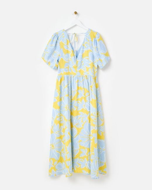 Oliver Bonas White & Blue Floral V-neck Linen Blend Midi Dress, Size 6
