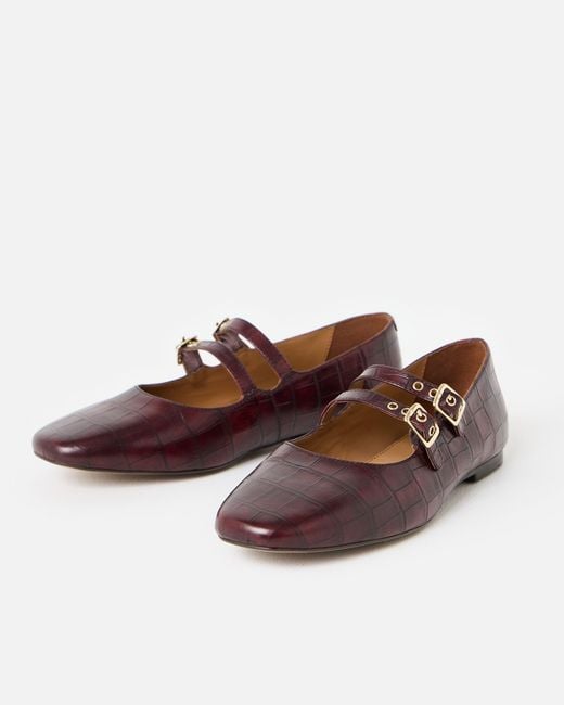 Oliver Bonas Brown Double Buckle Croc-effect Leather Mary Janes, Size 3