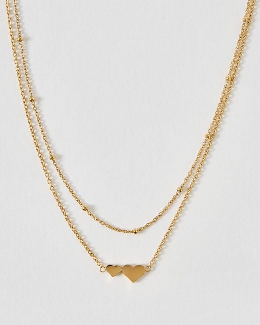 Oliver Bonas White Morgan Tone Waterproof Double Heart Charm Double Row Necklace