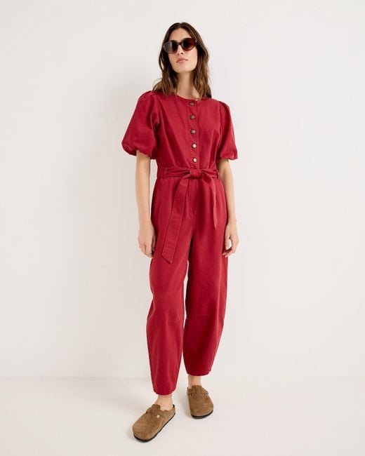Oliver Bonas Red Denim Puff Sleeve Barrel Leg Jumpsuit, Size 6