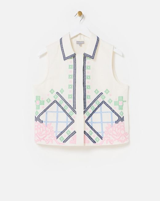 Oliver Bonas Blue Ecru Cream Cross Stitch Sleeveless Jacket, Size 10