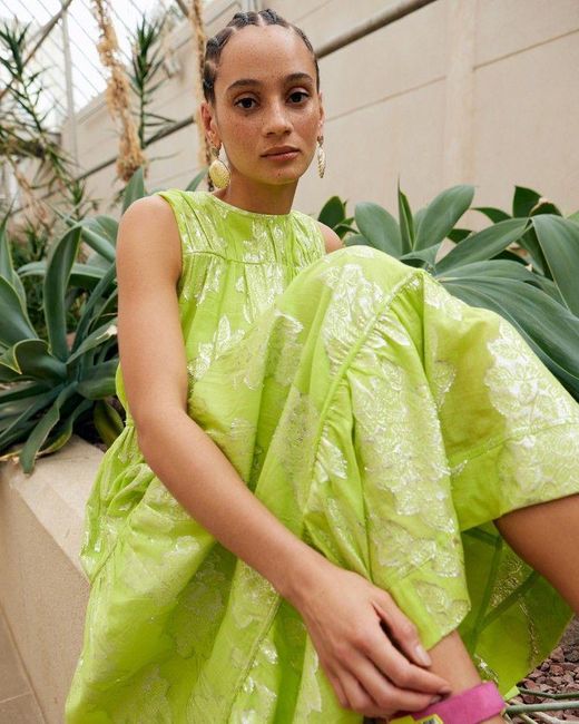 Oliver Bonas Green Metallic Floral Midi Dress