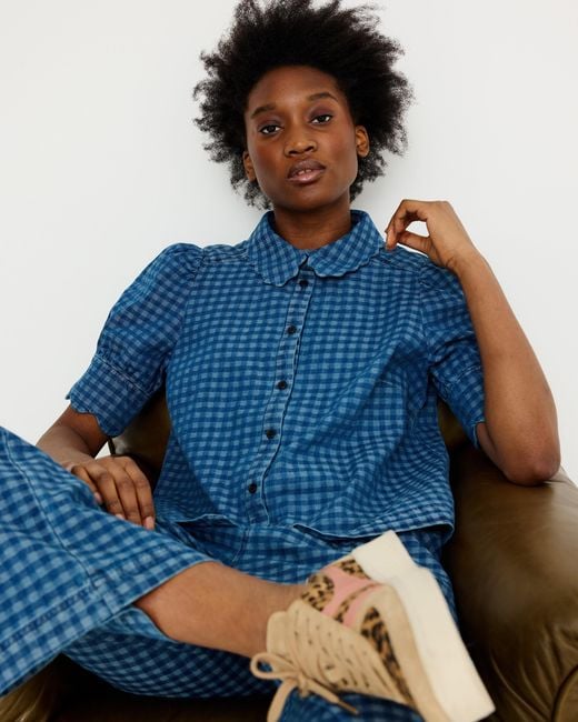 Oliver Bonas Blue Denim Gingham Short Sleeve Shirt, Size 18
