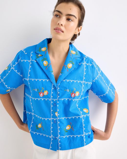 Oliver Bonas Blue Cobalt Floral Embroidered Short Sleeve Shirt, Size 10