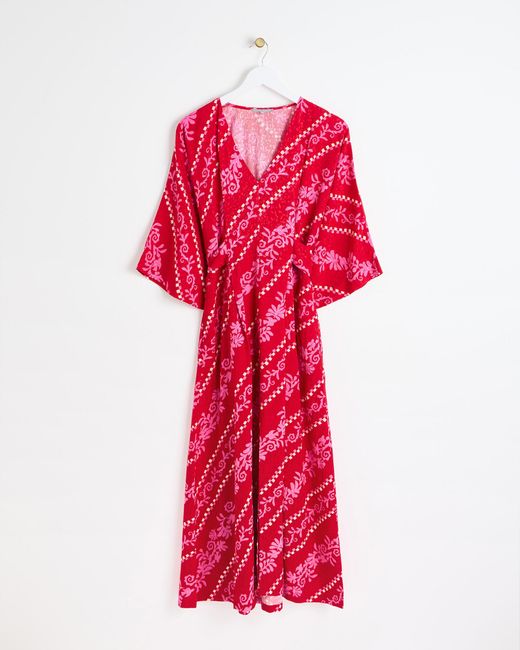 Oliver Bonas Red Diagonal Dream V-neck Midi Dress With Wide Sleeves, Size 6