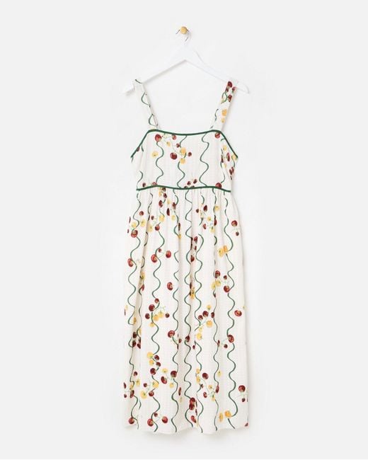 Oliver Bonas Natural & Green Striped Tomato Print Strappy Midi Dress, Size 14