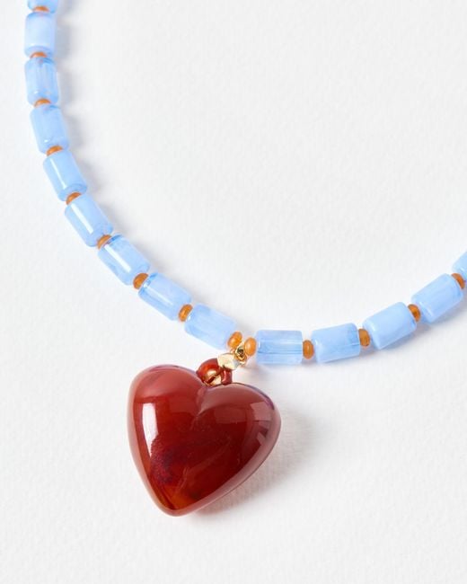 Oliver Bonas Blue Gabriella Beaded Chunky Heart Pendant Necklace