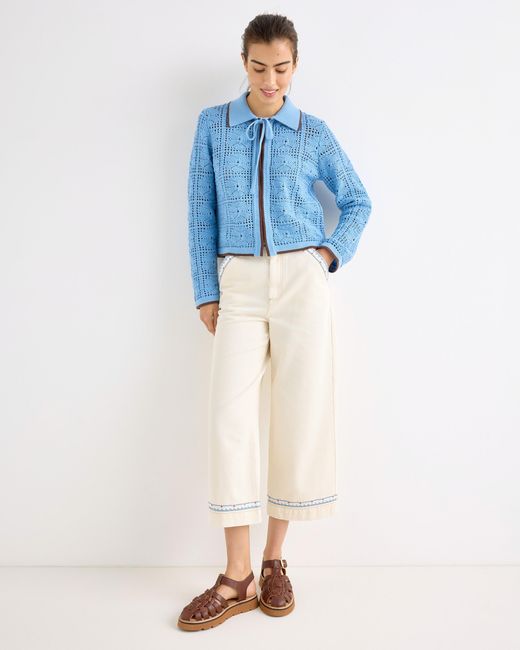 Oliver Bonas Ecru & Blue Stitch Cropped Wide Leg Jeans, Size 16