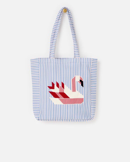 Oliver Bonas Blue & Red Striped Swan Fabric Tote Shopper Bag