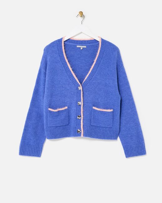 Oliver Bonas Blue Cobalt & Pink Trim V-neck Knitted Cardigan, Size 18