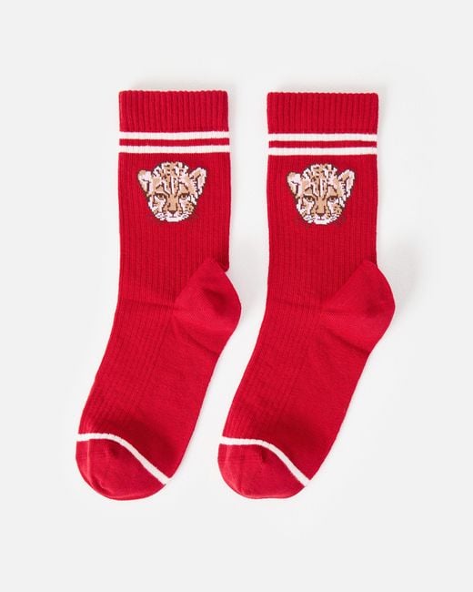 Oliver Bonas Red Cheetah Ribbed Sporty Ankle Socks