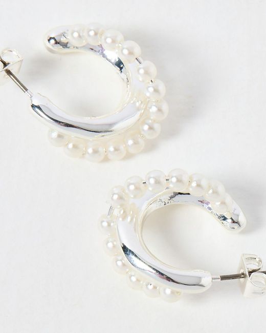 Oliver Bonas Natural Audrey Silver & Faux Pearl Hoop Earrings