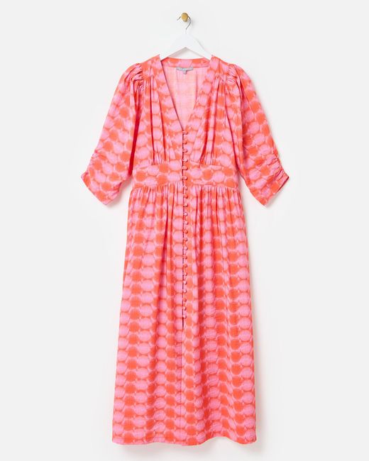 Oliver Bonas Pink & Orange Spot Print V-neck Midi Dress, Size 6