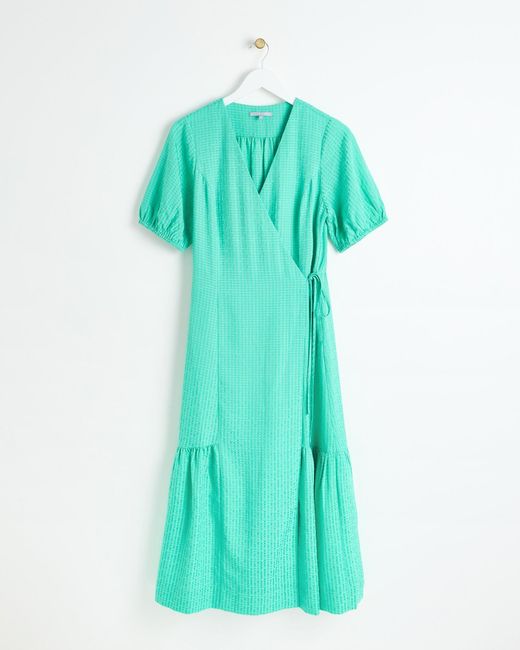 Oliver Bonas Green Textured V-neck Tiered Midi Wrap Dress, Size 6