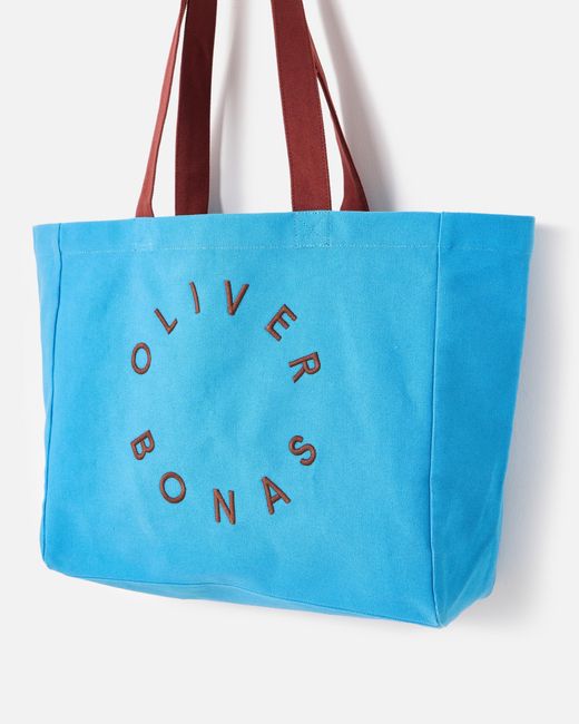Oliver Bonas Blue & Chocolate Brown Logo Fabric Tote Shopper Bag