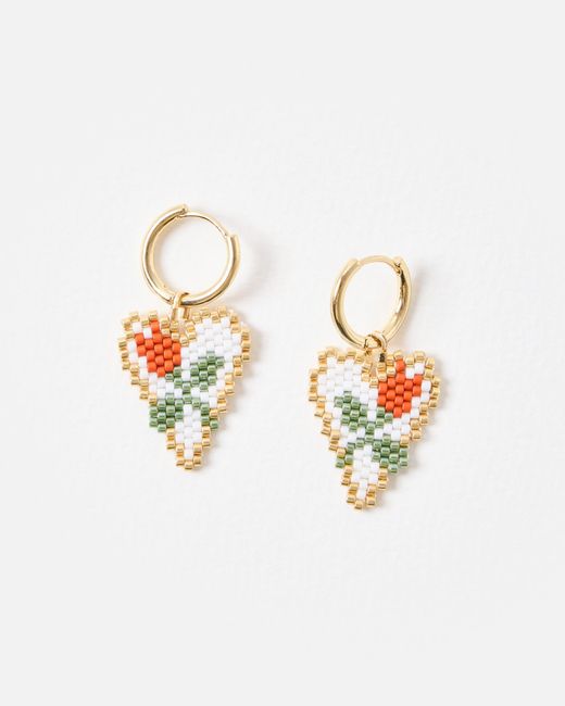 Oliver Bonas White Merissa Beaded Rose Detail Heart Drop Hoop Earrings