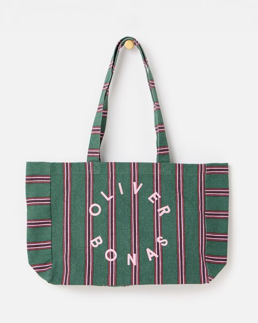 Oliver Bonas Green & Pink Striped Logo Fabric Tote Shopper Bag