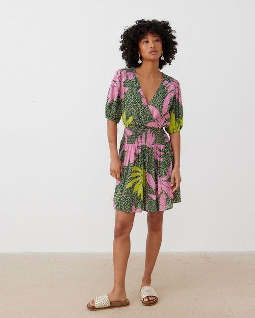 Oliver Bonas Green Palm Print Shirred Mini Dress