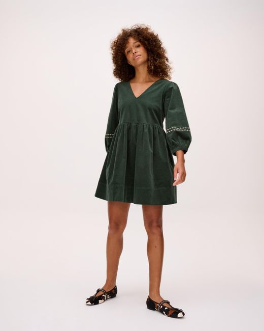 Oliver Bonas Green Dark Corduroy Embroidered Sleeve V-neck Mini Dress, Size 8