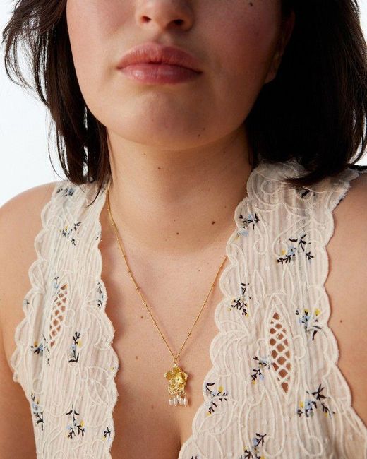 Oliver Bonas Metallic Sarah Filigree Flower & Pearl Gold Plated Pendant Necklace