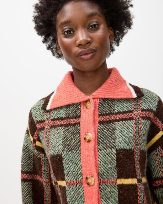 Oliver Bonas Brown Green & Pink Checked Collared Button Up Knitted Cardigan, Size 6